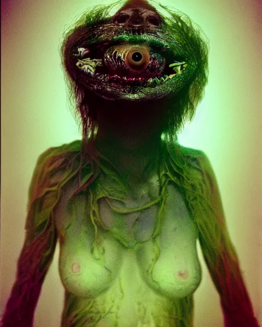 Prompt: realistic portrait of a creature experiment gone wrong, psychedelic, dark art, facing camera, photo realistic, detailed, delicate, hyper realism, ultra realistic, 8 k, 3 5 mm film