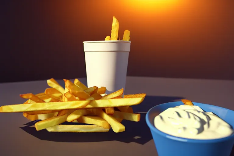 Image similar to best fries, best mayonnaise, best weather, best light, best drink. super realistic 8 k render of a elegant, cinematic composition