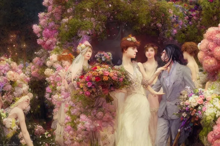 Image similar to the groom look at the bride at a wedding full of flowers, bright and happy, dreamlike art, highly detail, 4 k realistic, wedding photoy krenz cushart, artem demura, yoji shinkawa artgerm, jon lothian, danilo torres. adi meyers. thomas reimann. gaston bussiere.