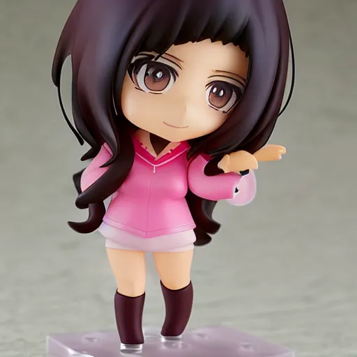 Image similar to nendoroid of a tan middle aged woman with dark long wavy hair, brown eyes, pink lipstick