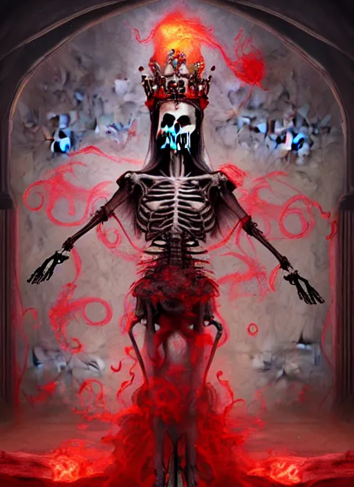 Prompt: a beautiful detailed 3 d matte painting, variations around female, queen, necromancer, symmetrical features, vertical portrait, skeleton, whirling smoke, embers, red adornements, red torn fabric