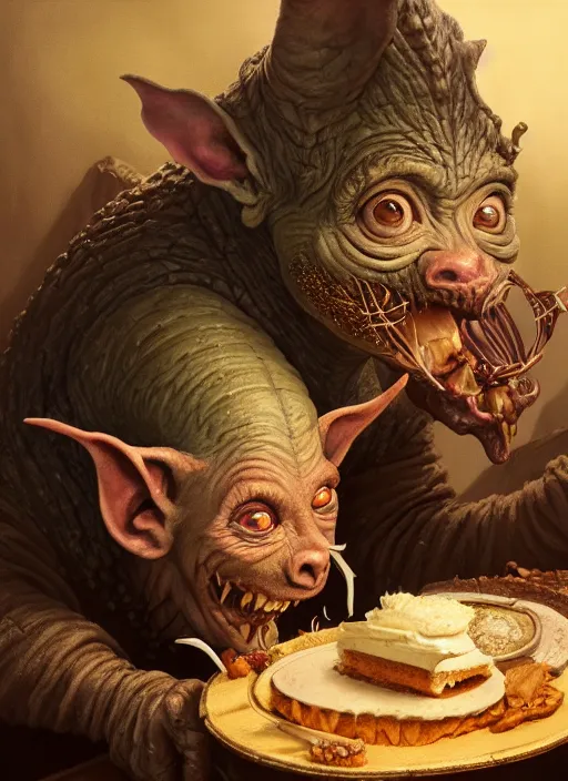 Image similar to highly detailed closeup portrait of a medieval goblin eating cakes, stephen bliss, unreal engine, greg rutkowski, ilya kuvshinov, ross draws, hyung tae and frank frazetta, tom bagshaw, tom whalen, nicoletta ceccoli, mark ryden, earl norem, global illumination, god rays, detailed and intricate environment