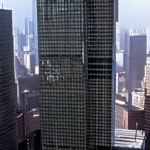 Image similar to patrick bateman plane going through the world trace center towers, in american psycho ( 1 9 9 9 )