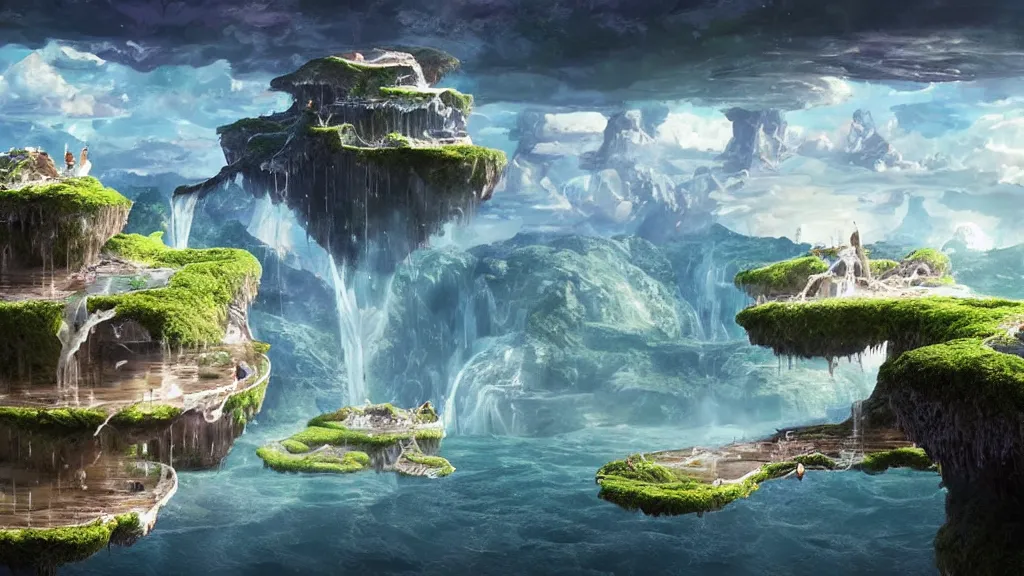 Image similar to floating islands with waterfalls connecting each other whimsical surrealism, based on child's drawing, lsd trip, dream recording, deep - space imaging fantastical setting isometric view octane render, art by salvador dali, greg rutkowski studio ghibli