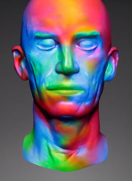 Prompt: a photorealistic portrait of a man made of rainbow wax that is melting subsurface scattering