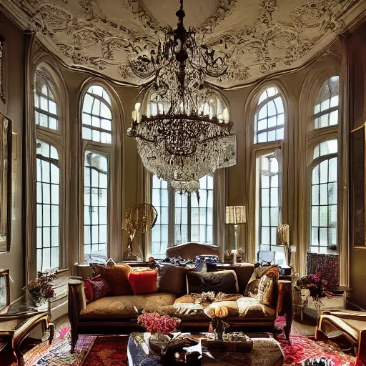 Prompt: a living room filled with furniture and lots of windows, featured on pexels, hall of mirrors