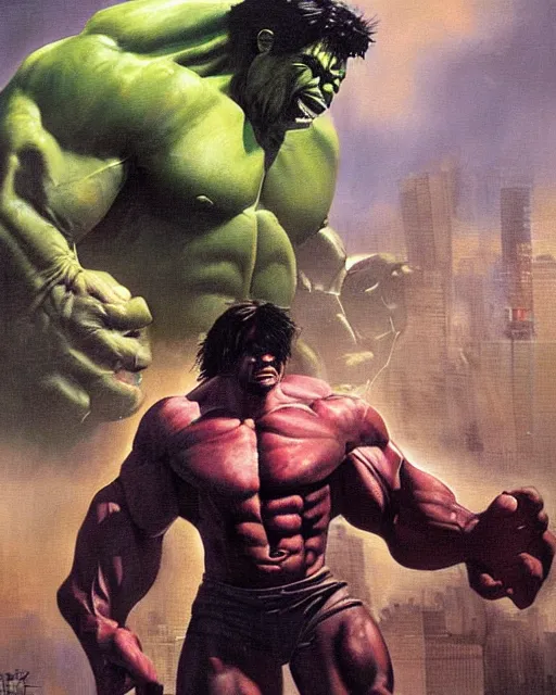 Image similar to a moody oil painting of the incredible hulk looking angry at noon in a city by simone bianchi