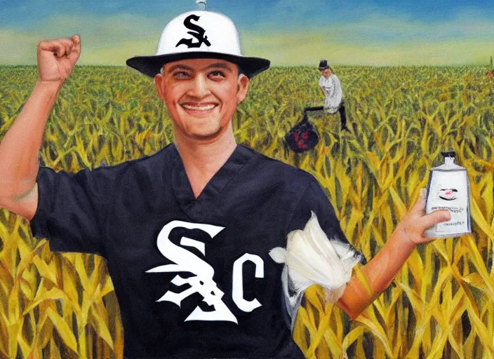 Prompt: painting of paul pater dressed as nurse with a chicago white sox hat in the middle of a corn field