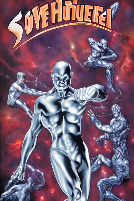 Prompt: movie poster, comic book page, oil painting, of a silver, silver surfer, album cover, by hajime sorayama 4 k