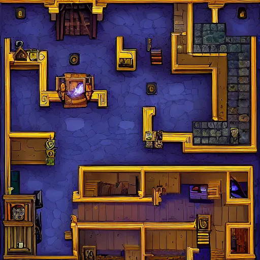 Image similar to tavern interior dungeons and dragons color map, dungeondraft, many room, fireplace