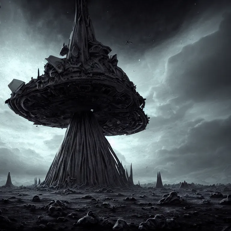 Prompt: landscape abandoned alien structure on exoplanet, wrecked technology, antennas, spire, dark clouds, surreal abandoned buildings, dream-like heavy atmosphere, baroque painting, beautiful detailed intricate insanely detailed octane render trending on Artstation, 8K artistic photography, photorealistic, dramatic volumetric cinematic light, chiaroscuro, award-winning photograph, masterpiece, Raphael, Caravaggio, Beksinski, Giger