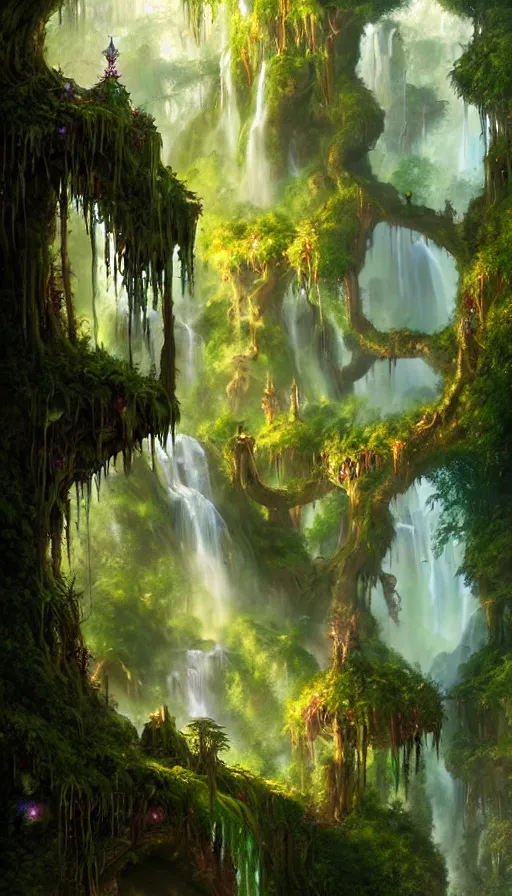 Image similar to fairy palace, castle towers, waterfall of gold and gems, gnarly trees, lush vegetation, forest landscape, painted by tom bagshaw, raphael lacoste, eddie mendoza, alex ross concept art matte painting