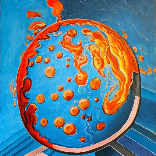 Image similar to a highly detailed painting of the world globe in flames, inspired by dali, matisse, klee, bosch, david hockney, trending on artstation, 4 k