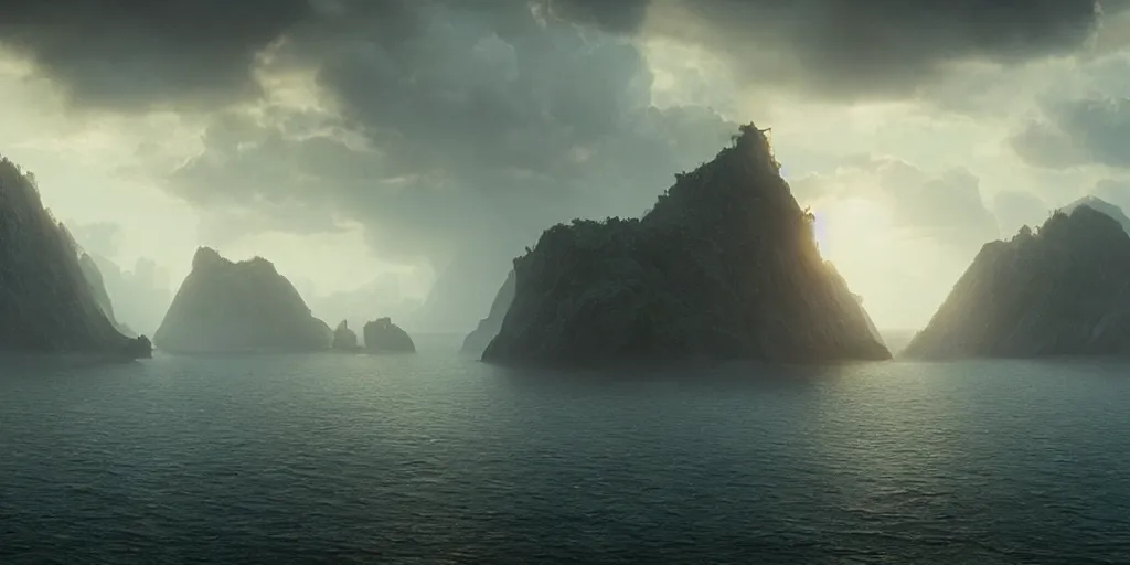 Image similar to screencap from a movie, epic matte painting of an island, cinematic cinematography masterpiece, greg rutkowski, and ivan aivazovski, roger deakins