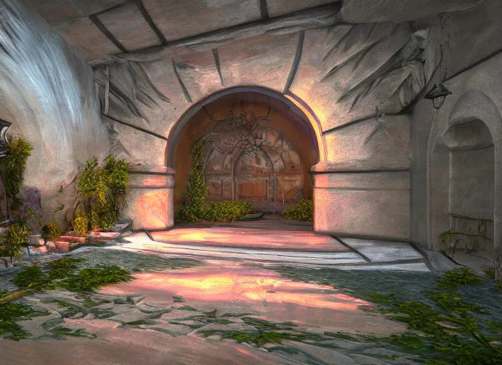 Image similar to oil painting of the entrance to ethereal realm, rendered in unreal engine, central composition