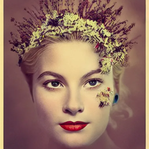 Image similar to fine art photo of grace kelly, she has a crown of dried flowers, by oleg oprisco