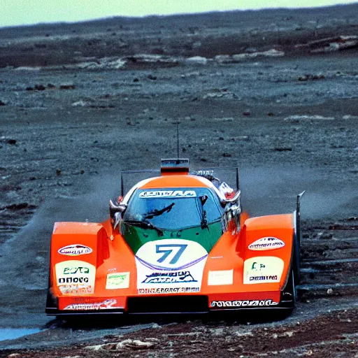 Prompt: Mazda 787B driving on the surface of the moon film photo 1992
