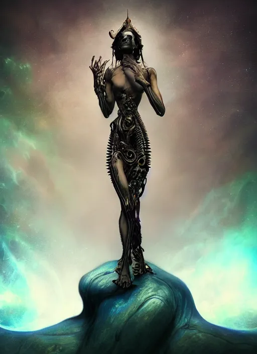 Prompt: epic portrait of menacing and agitated yet stunningly beautiful biomechanical djinn overseeing the iridescent fabric of the universe, by charlie bowater, mandy jurgens, gustav klimt, octane render, dramatic camera angle, 4k, 8k, high detail, HDR, by tom bagshaw, powerful, with inspiration from Beksinski, inspired by greek goddess Athena