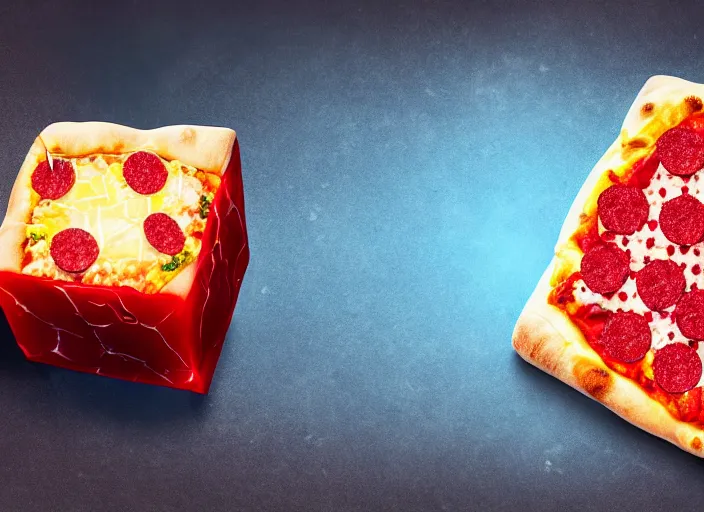 Image similar to clear highly detailed photorealistic food photograph of a big ice cube with a pizza frozen inside the cube with salami pepperoni, the cube refracts the sunlight, volumetric, the ice cubes laying on marvel stone