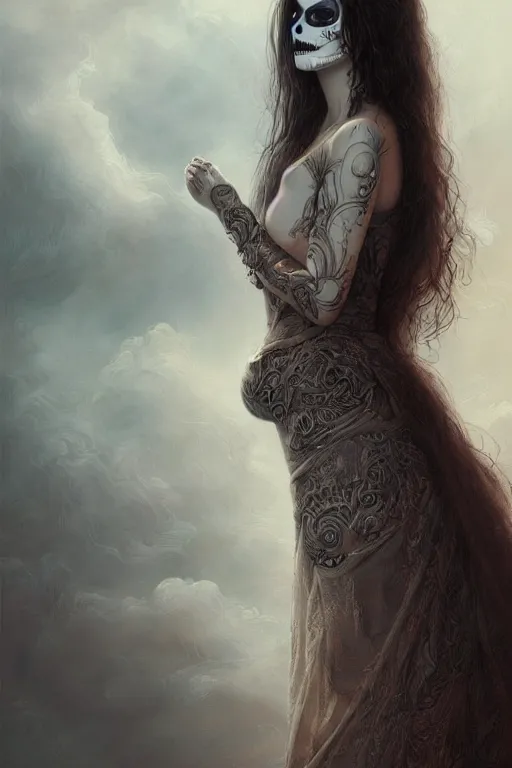 Prompt: ultra realist and ultra intricate detailed soft painting of a beautiful slim but curvy muerte girl in a long dress, thin lustrous hair, symmetry features, sensual gloomy style, soft painting, volumetric clouds, fantasy background, artstation, Tom Bagshaw artstyle, unreal render