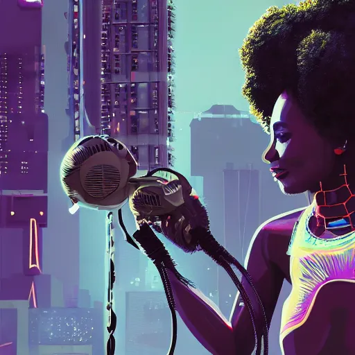 Image similar to a black girl fixing a robot, in the nature, mixing solarpunk, afropunk and cyberpunk technology and aesthetic ( ( ( ( volumetric light ) ) ) ), high angle, part by pearl fryar, part by prince damah, sunny day, trending on artstation, high detailed, cinematic view, illustration, painting.