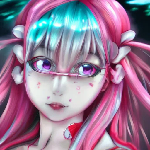 Image similar to trapped beneath stunningly absurdly beautiful omnipotent asi goddess junko enoshima with multiple twisted deceptive innocent megalomaniacal mesmerizing personalities, symmetrical perfect face, porcelain skin, pink twintail hair and cyan eyes, ultra detailed, digital art, unreal engine 5, octane render, 2 d anime, 8 k