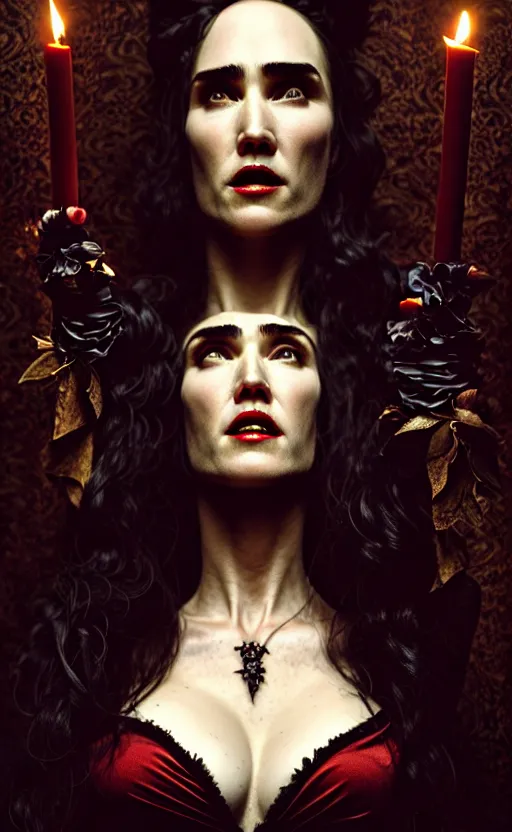 Image similar to jennifer connelly vampire queen, sharp fangs, blood, full body, intricate victorian dress, digital art, middle shot, cinematic lighting, studio quality, symmetrical eyes, artgerm, joshua middleton, rafael albuquerque, moody lighting, candles, art style by klimt, nixeu and ian sprigger and wlop and krenz cushart