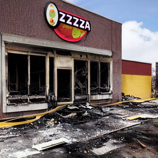 Image similar to the outside of an abandoned pizza restaurant that burnt to the ground, realistic photo