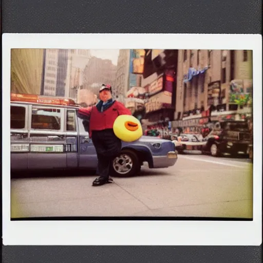 Prompt: polaroid image of the nintendo character kirby in new york city