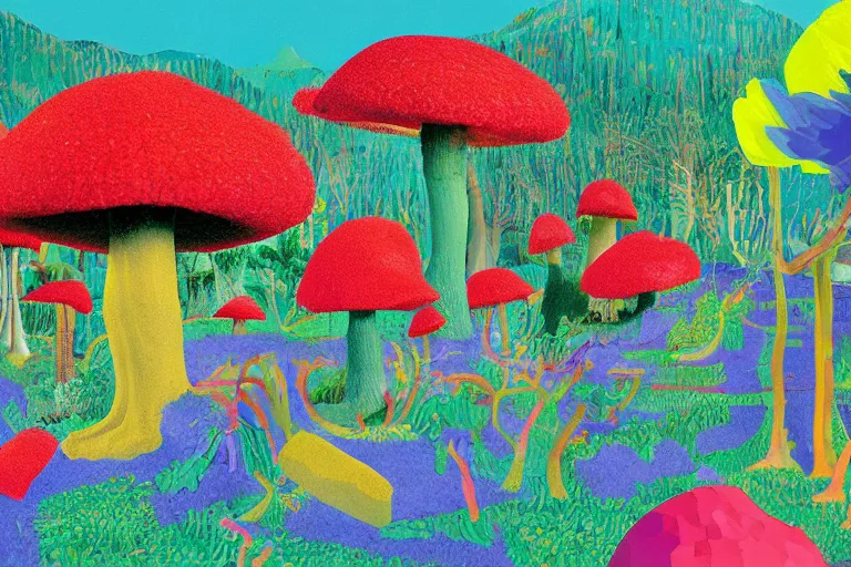 Image similar to a crystal and mushroom ridden world, extinct species, epic land formations, detailed, wide shot, created by david hockney. - h 4 0 0