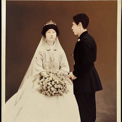 Prompt: a wide full shot, colored russian and japanese mix historical fantasy of a photograph portrait taken of the royal wedding officiant addresses the couple, photographic portrait, warm lighting, 1 9 0 7 photo from the official wedding photographer for the royal wedding.