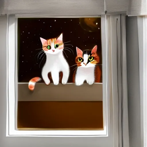 Prompt: two cute multi - colored calico cats with beautiful eyes sleeping inside a cozy home in the evening, stars shining in the night sky through the window,, artstation, cgsociety, storybook art