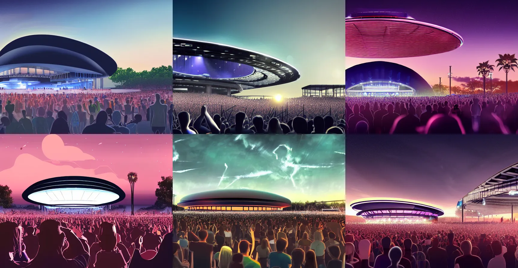 Prompt: digital concept art of a futuristic concert arena at dusk with an excited crowd