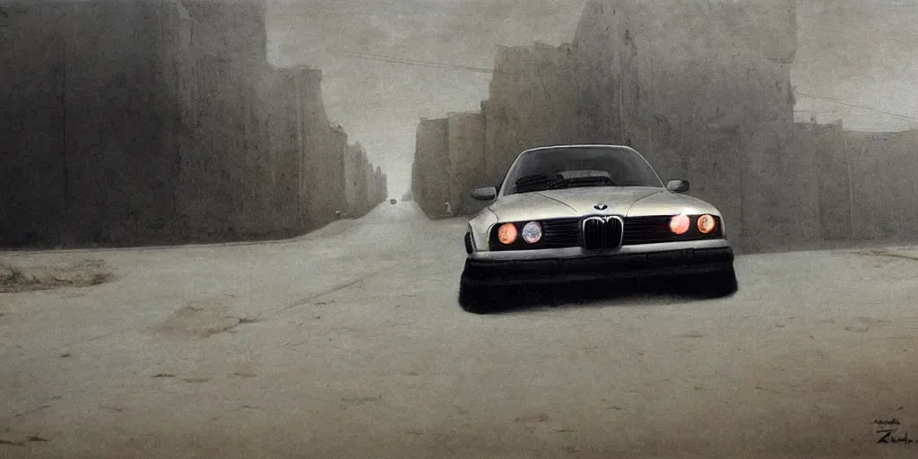 Prompt: bmw e 3 5 in full speed in a empty street, mad max kieth thomsen, zdzislaw beksinski