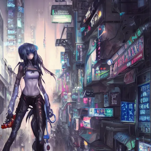 Image similar to dynamic composition, motion, ultra-detailed, incredibly detailed, a lot of details, amazing fine details and brush strokes, colorful and grayish palette, smooth, HD semirealistic anime CG concept art digital painting, watercolor oil painting of Clean and detailed post-cyberpunk sci-fi close-up cyborg vampire girl in asian city in style of cytus and deemo, blue flame, relaxing, calm and mysterious vibes,, by a Chinese artist at ArtStation, by Huang Guangjian, Fenghua Zhong, Ruan Jia, Xin Jin and Wei Chang. Realistic artwork of a Chinese videogame, gradients, gentle an harmonic grayish colors. set in half-life 2, Matrix, GITS, Blade Runner, Neotokyo Source, Syndicate(2012), dynamic composition, beautiful with eerie vibes, very inspirational, very stylish, with gradients, surrealistic, dystopia, postapocalyptic vibes, depth of field, mist, rich cinematic atmosphere, perfect digital art, mystical journey in strange world