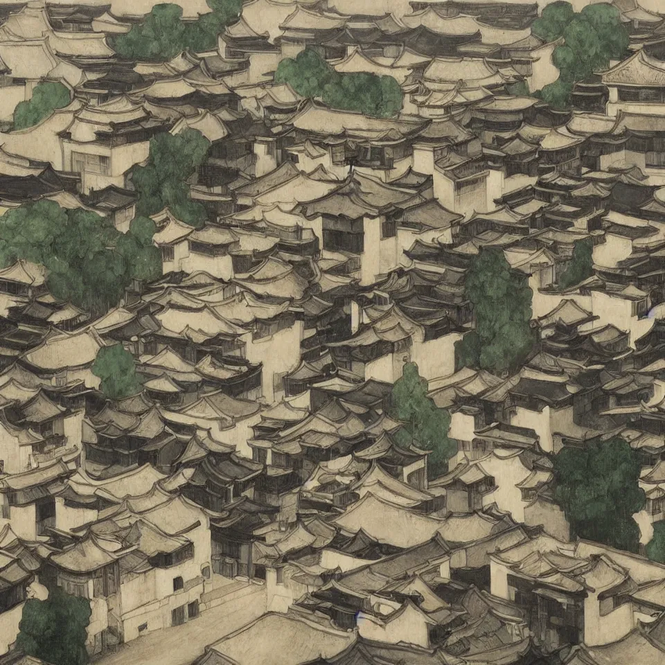 Prompt: a painting of hongcun ancient village houses by edward hopper and james jean