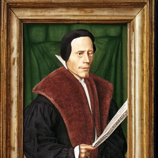 Image similar to a highly detailed portrait of miles edgeworth from ace attorney, inside a room with thick red tapestries, oil painting by hans holbein and alessandro allori and richard burbage