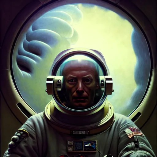 Prompt: detailed character concept art portrait of an astronaut floating in an empty chamber, artstation, award - winning realistic sci - fi concept art by zdzisław beksinski and greg rutkowski, jim burns, a realism masterpiece, james gilleard, bruegel, alphonse mucha, and yoshitaka amano