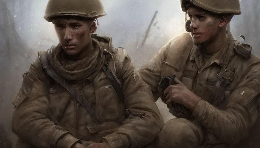 Image similar to beautiful digital painting of a love survivor, one soldier after his squad killed in action in a trench waiting for the war to end. cinematic lighting and rendering, atmospheric, concept art, high detailed faces, artstation by artgerm and greg rutkowski,,