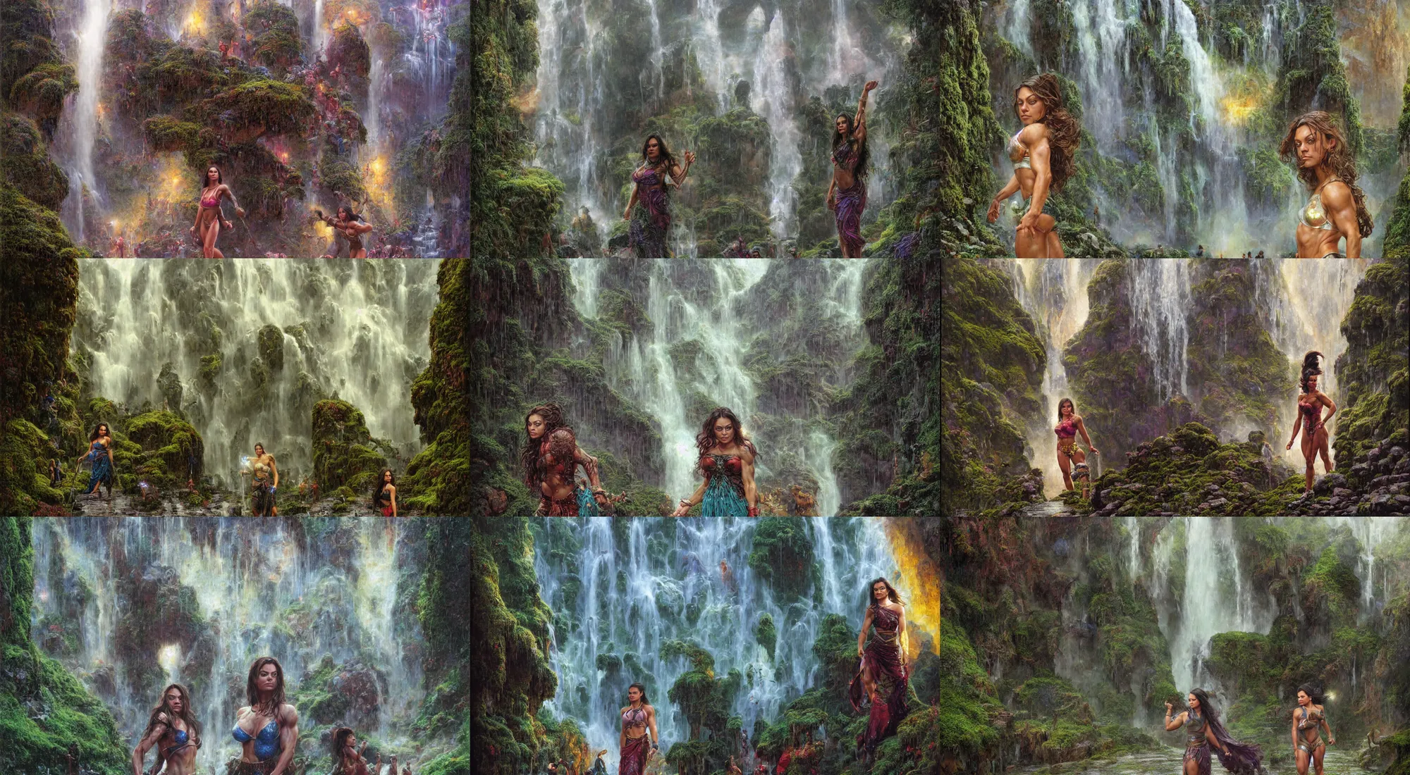 Prompt: close portrait of mila kunis as a bodybuilder warrior standing in a busy cobbled street, bright colors, sparkles, light rain, moist mossy white stones, mist from waterfall, cave glowing stones, epic composition, donato giancola, tim hildebrandt, wayne barlow, bruce pennington, larry elmore