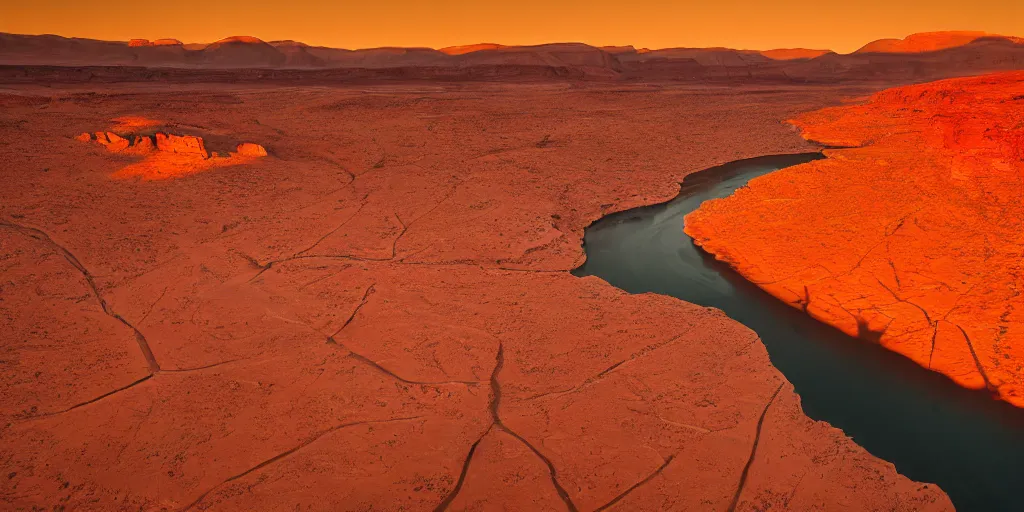 Image similar to a river bend running through a canyon surrounded by desert mountains at sunset on mars, planet mars, moab, utah, a tilt shift photo by frederic church, trending on unsplash, hudson river school, photo taken with provia, national geographic photo