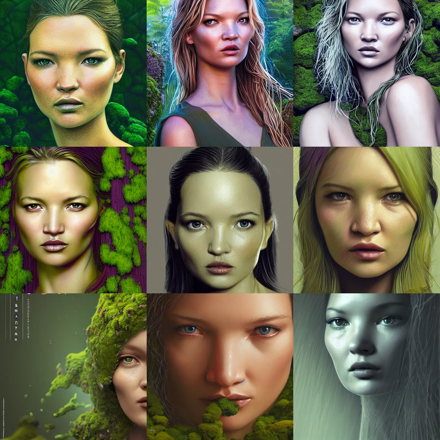 Image similar to portrait isometric drawing, printerest, close-up moss growing tropical kate moss like a mossy garden, face of kate moss, intricate, epic lighting, cinematic composition, hyper realistic, 8k resolution, unreal engine 5, by Artgerm, tooth wu, dan mumford, beeple, wlop, rossdraws, James Jean, Andrei Riabovitchev, Marc Simonetti, yoshitaka Amano, Artstation