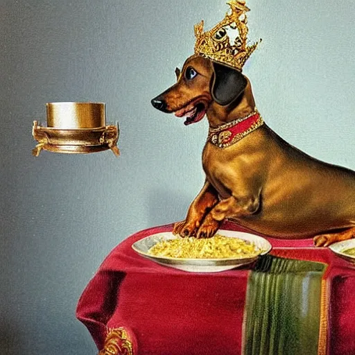 Image similar to Victorian painting of a Dachshund sitting on a golden throne wearing a jewelled crown being fed cooked chicken by an android