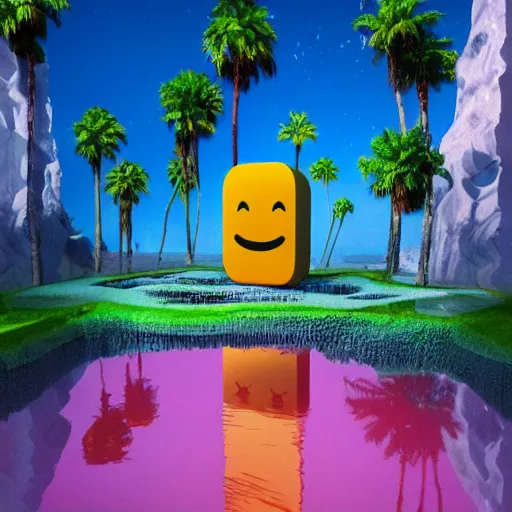 Image similar to hyperrealistic geometric objects in a surreal minimalistic 8 0's dreamscape environment by salvador dali, enormous emoji, highly detailed, 3 d render, octane, beautiful lighting, photorealistic, intricate, elegant, wayne barlowe, water, mirrors, pink doorway, beautiful, masterpiece, trending on artstation, palm tree