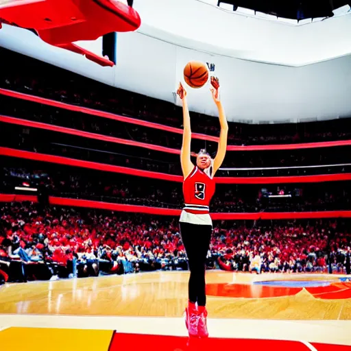 Image similar to woman plying basketball on court in a chicago bulls jersey at the united center