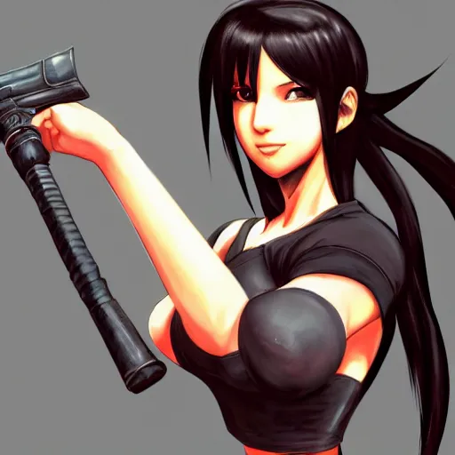 Image similar to concept art of tifa lockhart holding unusual weapon, showing face and body, trending on artstation