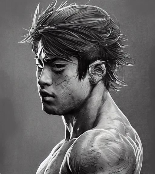 Image similar to portrait of anime zyzz, pen and ink, intricate line drawings, by craig mullins, ruan jia, kentaro miura, greg rutkowski, loundraw