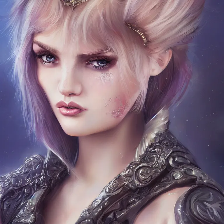 Image similar to fantasy magic fashion girl portrait, sci-fi, glossy eyes, face, long hair, fantasy, intricate, elegant, highly detailed, digital painting, artstation, concept art, smooth, sharp focus, illustration