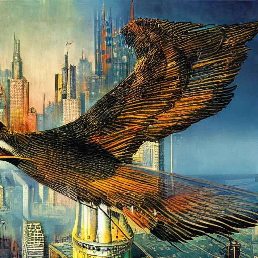 Prompt: a mechanical bird flies over a progressively rasterized digital neon city, oil on canvas by dave mckean and ivan shishkin