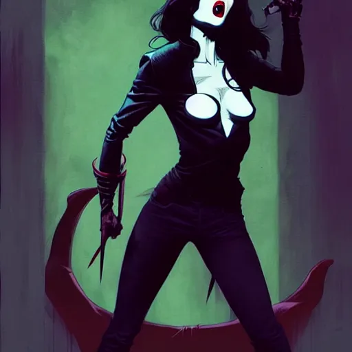 Image similar to rafael albuquerque comic art, peter mohrbacher, phil noto, steve niles, artgerm, pretty willa holland vampire sharp vampire teeth open mouth, symmetrical eyes, black leather jacket, jeans, long black hair